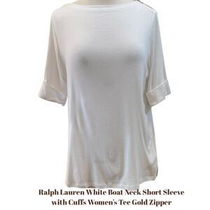 Ralph Lauren White Boat Neck Short Sleeve with Cuffs Women's Tee Gold Zipper